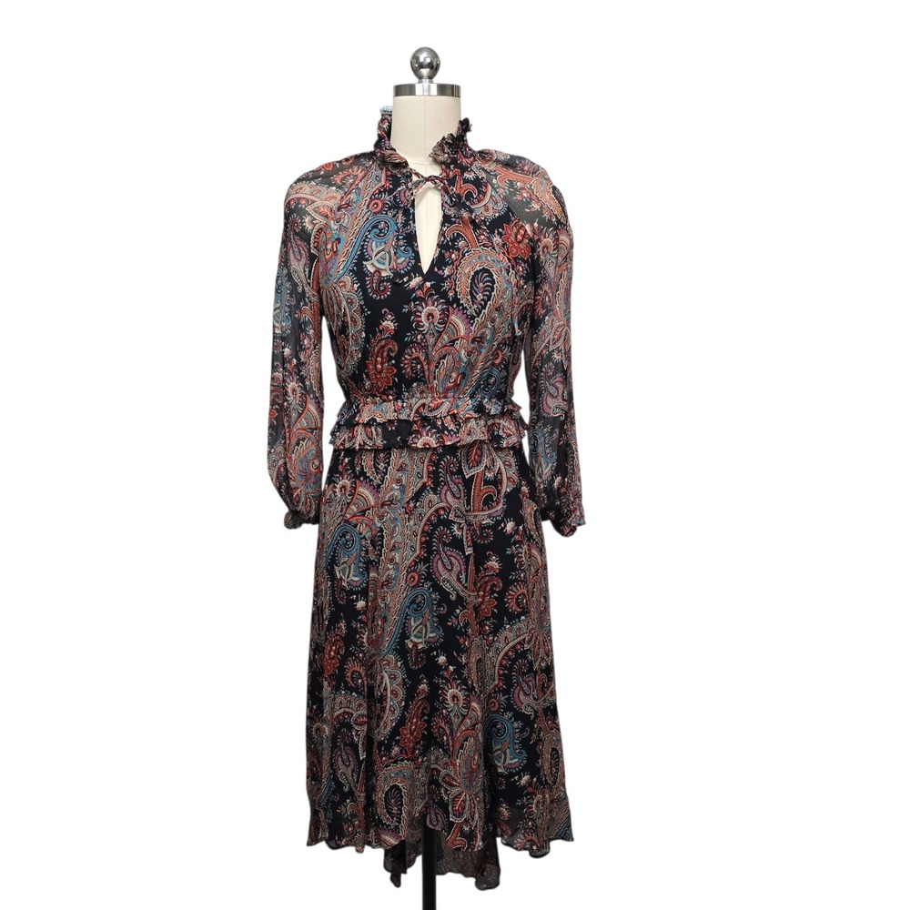 Banana‎ Republic Olivia Palermo Silk Paisley Ruffle Midi Dress XS Petite Black